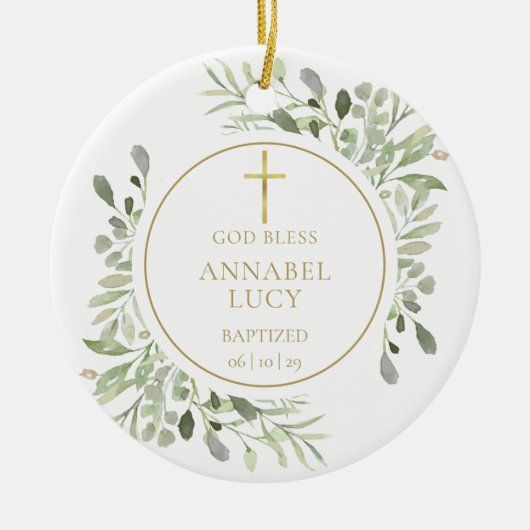 緑パーソナライズされたの金ゴールド少年または少女の洗礼 セラミックオーナメント (正面)