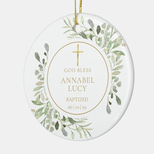 緑パーソナライズされたの金ゴールド少年または少女の洗礼 セラミックオーナメント (左)