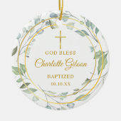 緑パーソナライズされたの金ゴールド男の子の洗礼写真 セラミックオーナメント (正面)