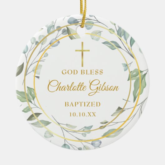 緑パーソナライズされたの金ゴールド男の子の洗礼写真 セラミックオーナメント (正面)