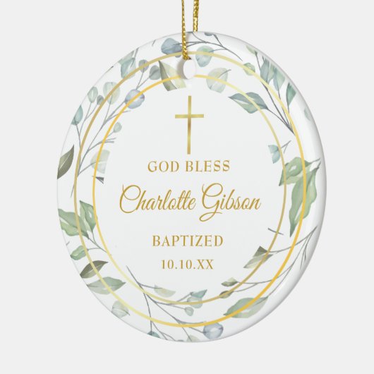 緑パーソナライズされたの金ゴールド男の子の洗礼写真 セラミックオーナメント (左)