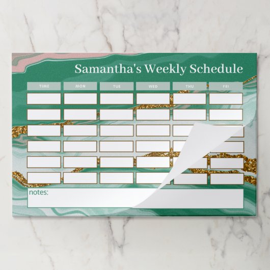 緑パーソナライズされた大理石ウィークリースクール日程 ペーパーパッド (折り畳み)