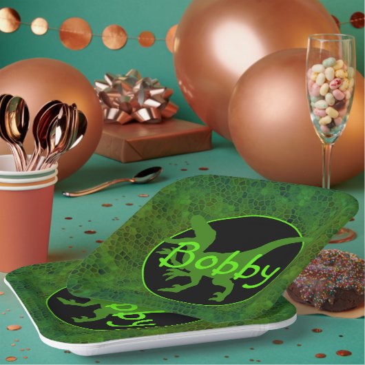 緑パーソナライズされた恐竜の隠れ紙プレート ペーパープレート (複数)