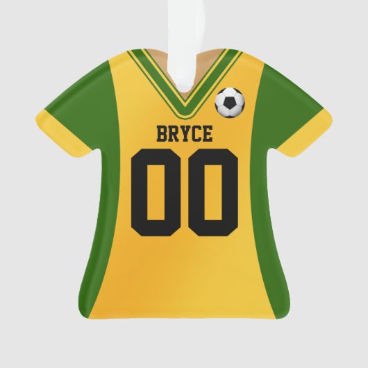緑パーソナライズされた/黄色のサッカージャージー オーナメント (正面)