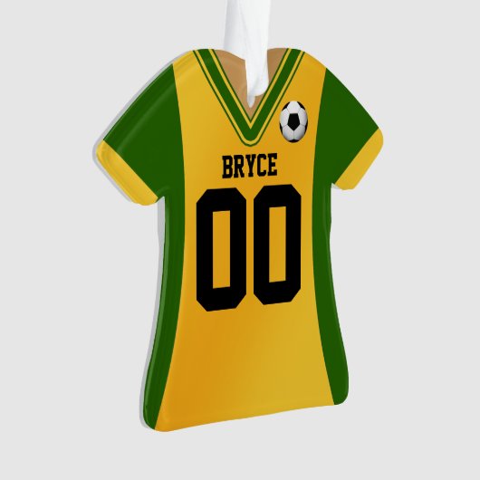 緑パーソナライズされた/黄色のサッカージャージー オーナメント (正面)