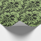 緑ビクトリアンと黒のフローラ旋回ダマスク ラッピングペーパー (角)