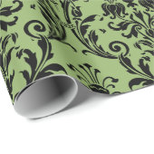 緑ビクトリアンと黒のフローラ旋回ダマスク ラッピングペーパー (ロールコーナー)