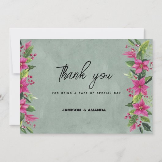 緑ピンクの冬のフローラクリスマスサンキュー 招待状 (正面)