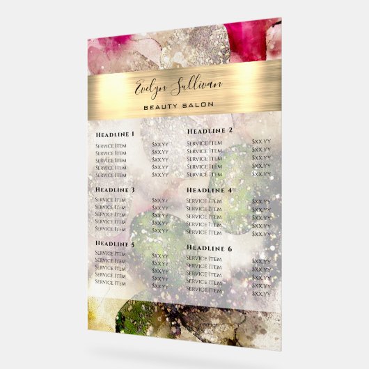 緑ピンクの水彩価格表 アクリルサイン (傾斜)