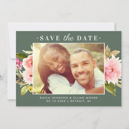 緑ピンクの水色のフローラ結婚の写真 セーブザデート (正面)