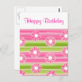 緑ピンクの花々ストライプハッピーバースデーはがき ポストカード (正面/裏面)