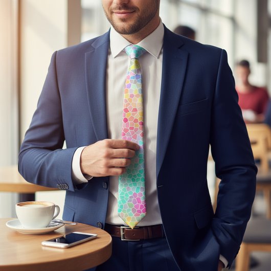 緑ピンク黄色モザイクパターン ネクタイ