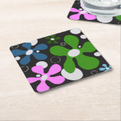 緑ファンキー、ピンク、青の花 スクエアペーパーコースター (アングル)