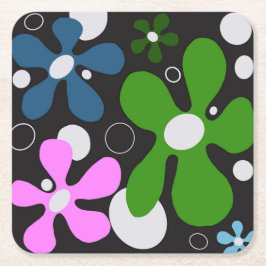 緑ファンキー、ピンク、青の花 スクエアペーパーコースター