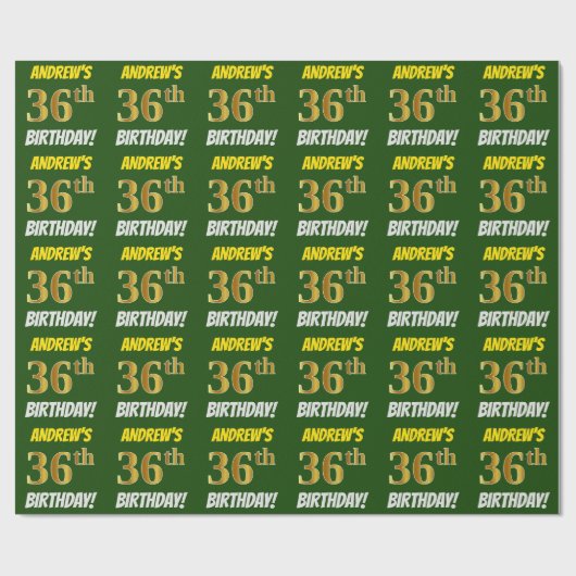 緑フェイク/模造金ゴールド「36誕生日」 ラッピングペーパー (フラット)