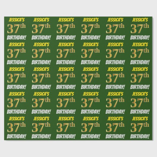 緑フェイク/模造金ゴールド「37誕生日」 ラッピングペーパー (フラット)