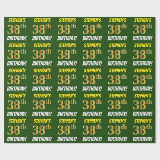 緑フェイク/模造金ゴールド「38誕生日」 ラッピングペーパー (フラット)