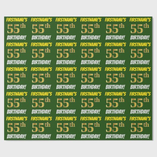 緑フェイク/模造金ゴールド「55誕生日」 ラッピングペーパー (フラット)