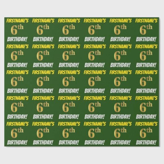 緑フェイク/模造金ゴールド「6誕生日」 ラッピングペーパー (フラット)