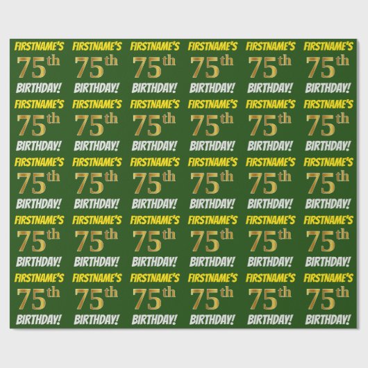 緑フェイク/模造金ゴールド「75誕生日」 ラッピングペーパー (フラット)