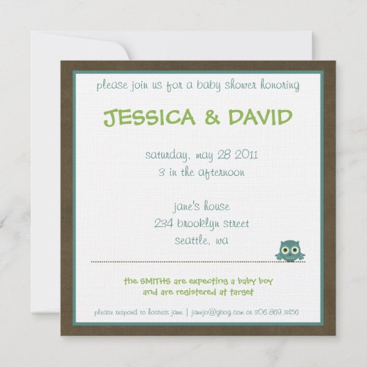 緑フクロウのベビーシャワー|か青またはブラウンの男の子 招待状 (裏面)