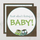 緑フクロウのベビーシャワー|か青またはブラウンの男の子 招待状 (正面/裏面)