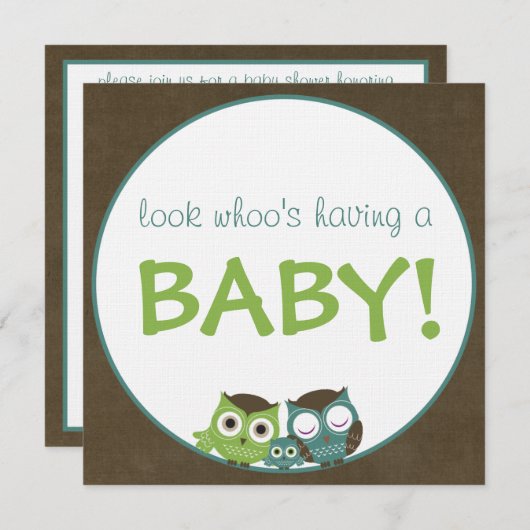 緑フクロウのベビーシャワー|か青またはブラウンの男の子 招待状 (正面/裏面)