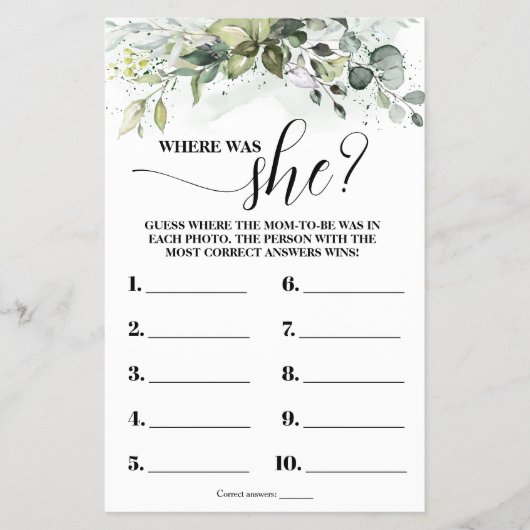 緑ママは赤ちゃんシャワーのゲームカード チラシ (正面)