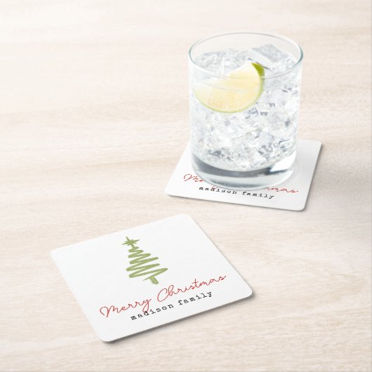 緑ミニマルと赤のクリスマスツリーファミリー スクエアペーパーコースター (インサイチュ)