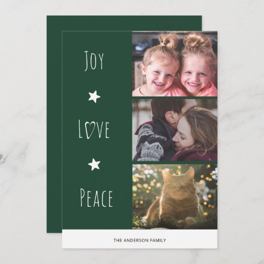 緑ミニマルの喜び愛の平和の写真クリスマス シーズンカード (正面/裏面)