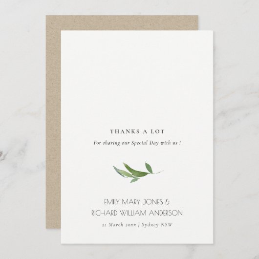 緑ミニマルの葉の水の色結婚の サンキューカード (正面/裏面)