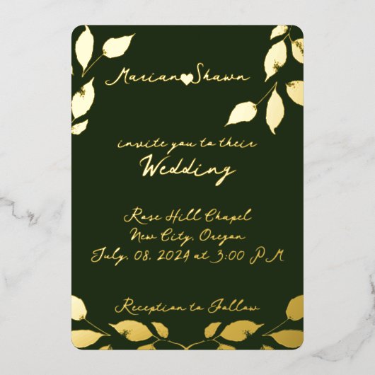 緑ミニマルエレガントの金ゴールド葉 箔招待状 (正面)