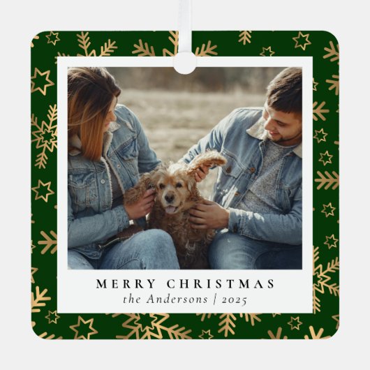 緑ミニマルエレガント金ゴールドクリスマスカップルの写真 メタルオーナメント (正面)