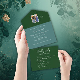 緑ミニマルファンシーカップル写真モノグラム オールインワン招待状