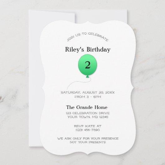 緑ミニマルモダン気球の任意の数値誕生日 招待状 (正面)