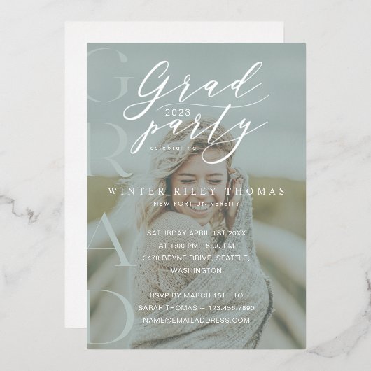 緑ミニマル写真グラッドパーティー書モダン道 箔招待状 (正面/裏面)