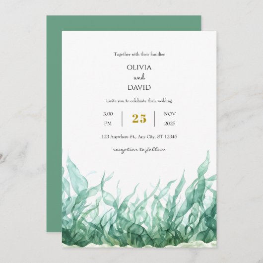 緑ミニマル海中海藻ビーチ結婚式 招待状 (正面/裏面)