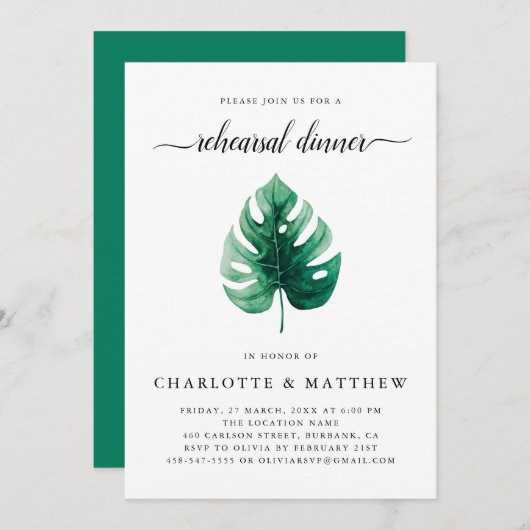 緑ミニマル熱帯葉リハーサルディナー 招待状 (正面/裏面)