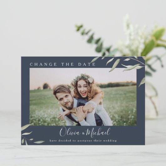 緑ミニマル色の写真は延期された日付を変更 招待状 (スタンド正面)