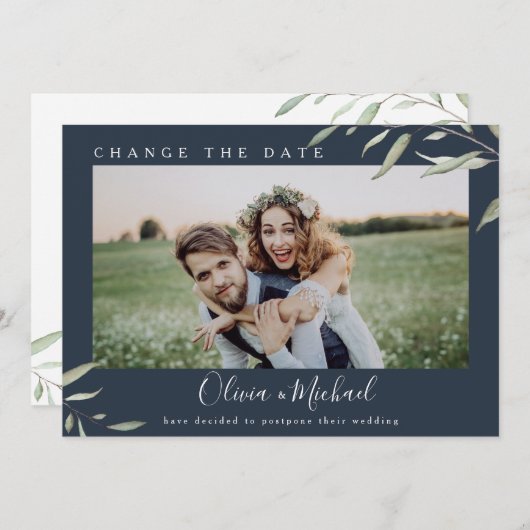 緑ミニマル色の写真は延期された日付を変更 招待状 (正面/裏面)
