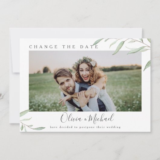 緑ミニマル色の写真は延期された日付を変更 招待状 (正面)