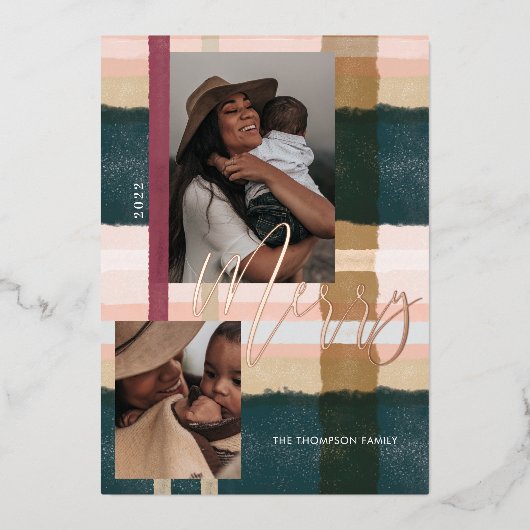 緑メリーモダンとピンクの格子模様の二枚の写真 箔シーズンカード (正面)