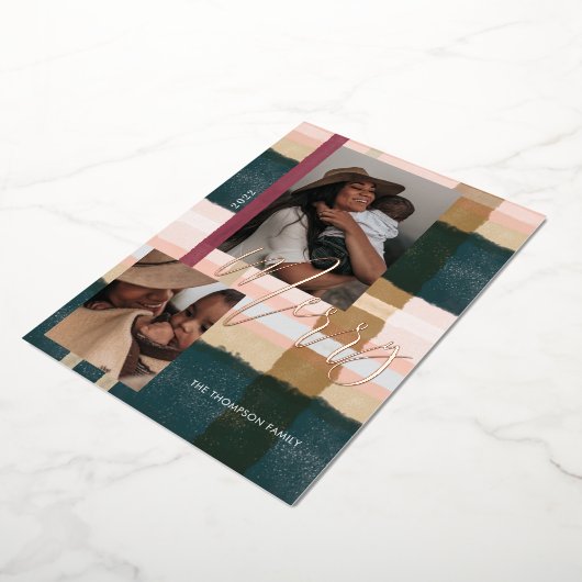 緑メリーモダンとピンクの格子模様の二枚の写真 箔シーズンカード (回転した状態)