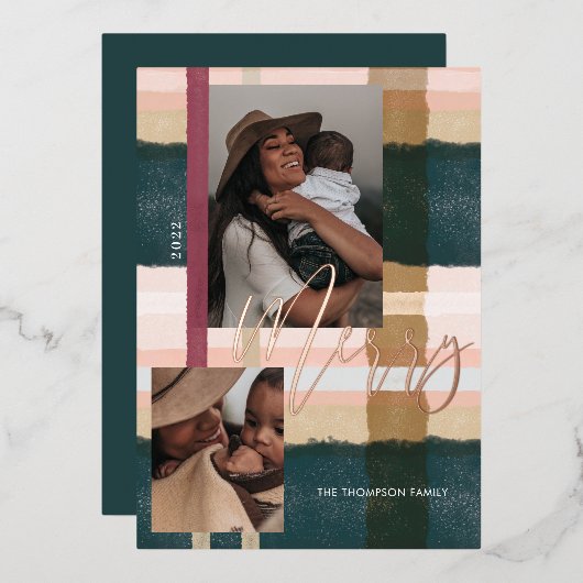 緑メリーモダンとピンクの格子模様の二枚の写真 箔シーズンカード (正面/裏面)