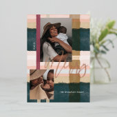 緑メリーモダンとピンクの格子模様の二枚の写真 箔シーズンカード (立ち正面)