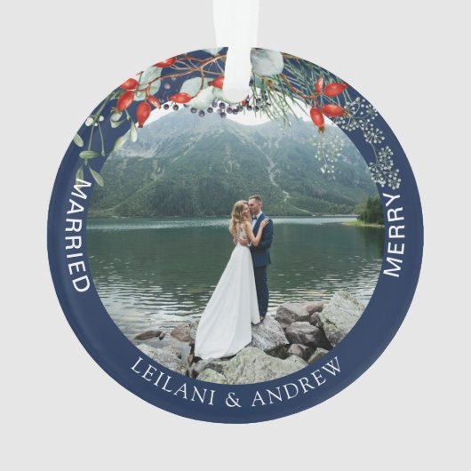 緑メリー結婚した色の水彩写真ネイビーブルー オーナメント (裏面)