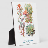 緑モダンとサンゴの水彩多肉植物 フォトプラーク (側面)