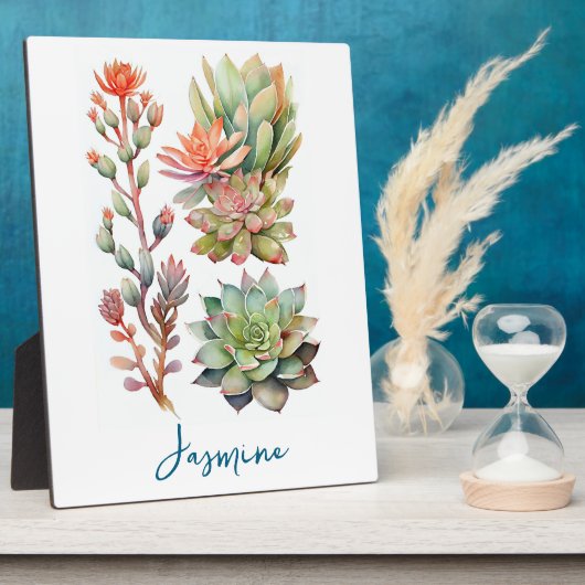 緑モダンとサンゴの水彩多肉植物 フォトプラーク (側面)