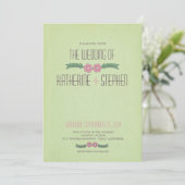 緑モダンとピンクのフローラ結婚式招待状 招待状 (スタンド正面)