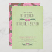 緑モダンとピンクのフローラ結婚式招待状 招待状 (正面/裏面)